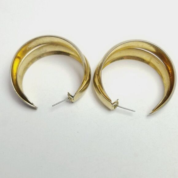 Vintage Gold Tone Double Hoop Earrings, Classic 90s Style, Crossover, Estate - Picture 4 of 7